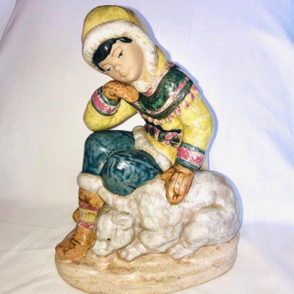 Vintage Spanish Porcelain Inuit Eskimo Boy Baby Polar Bear Cub Nadal Sculpture